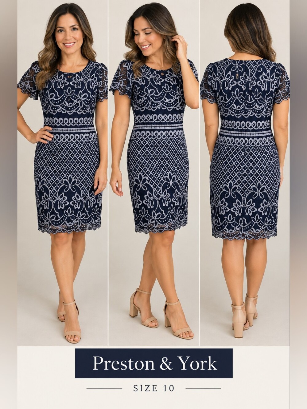 Preston & York Navy and White Lace Overlay Sheath Dress, Size 10